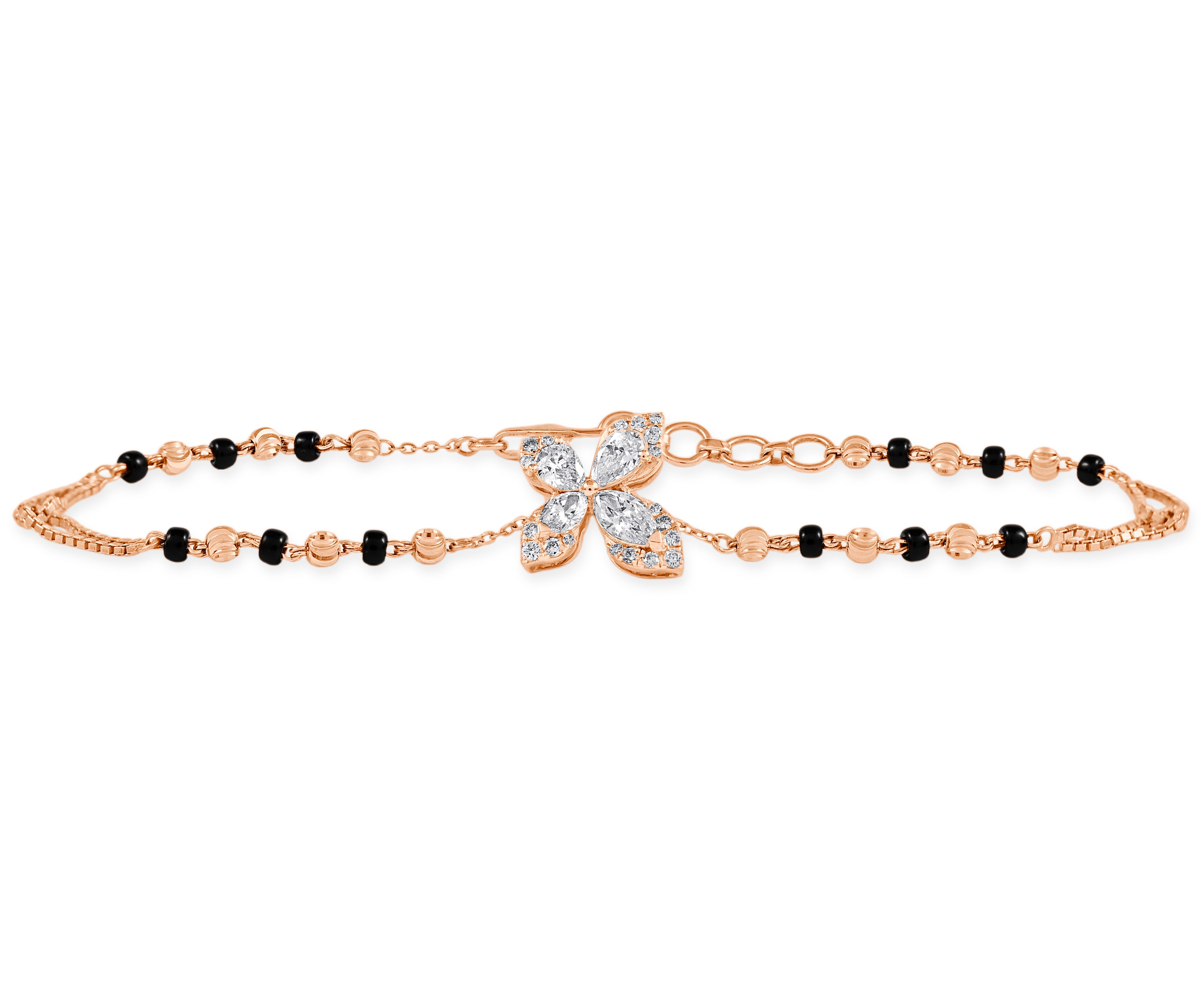 Rose gold lab grown bracelet with butterfly clasp and black beads