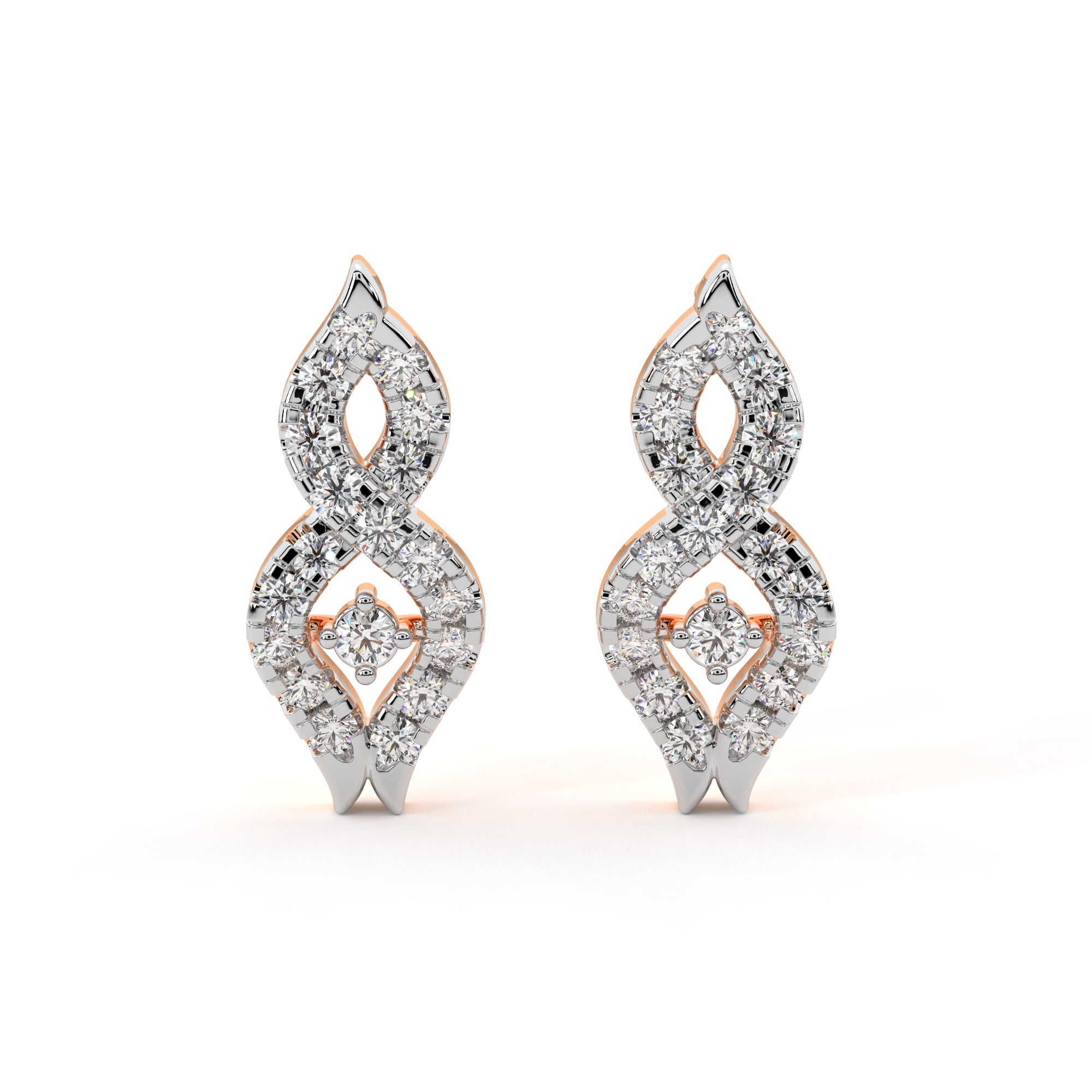 A pair of round cut diamond earrings with a silver-colored band, showcasing a classic swirl design.