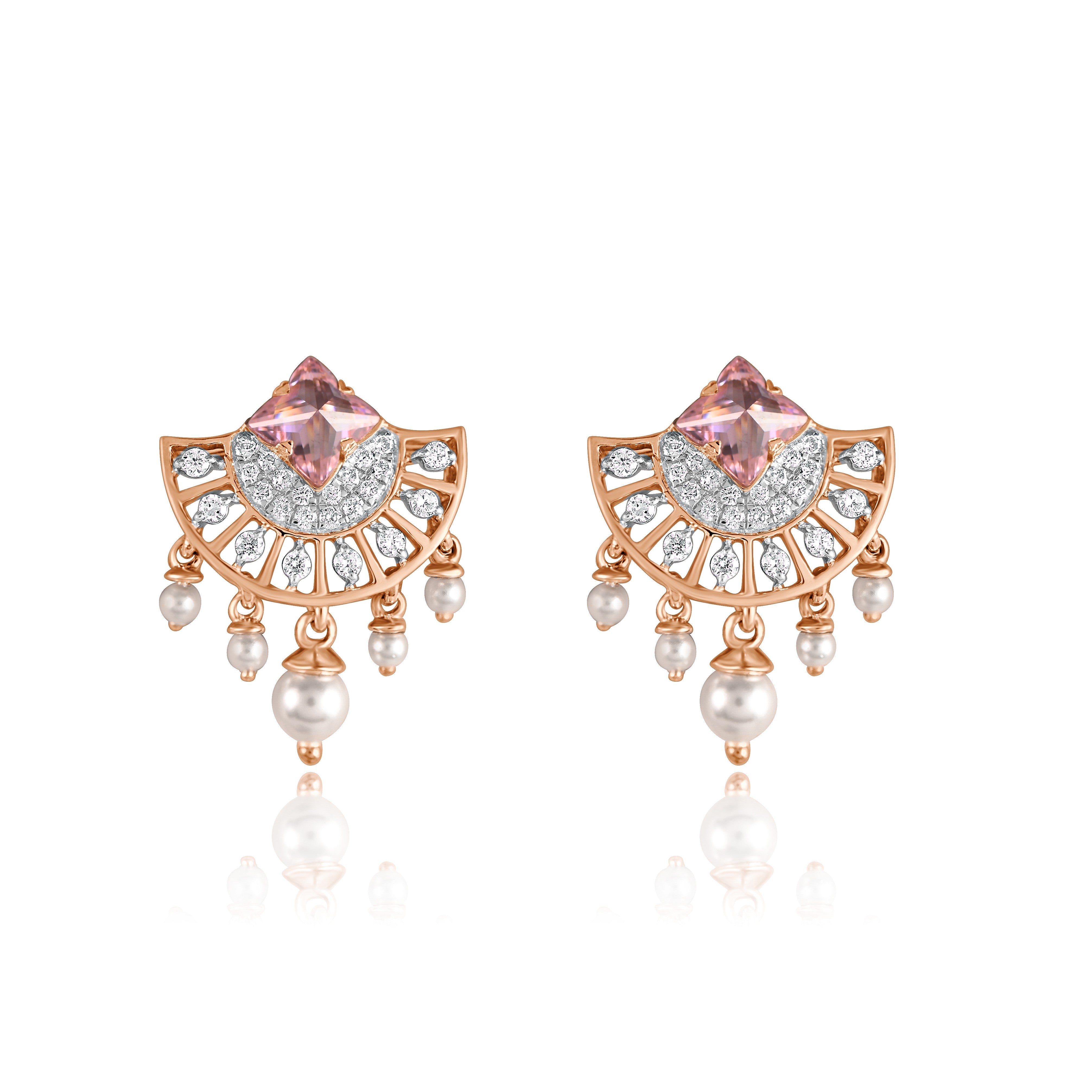 Pair of lab grown earrings with pink gemstones, pearl-like beads, and rose gold accents on a white background.