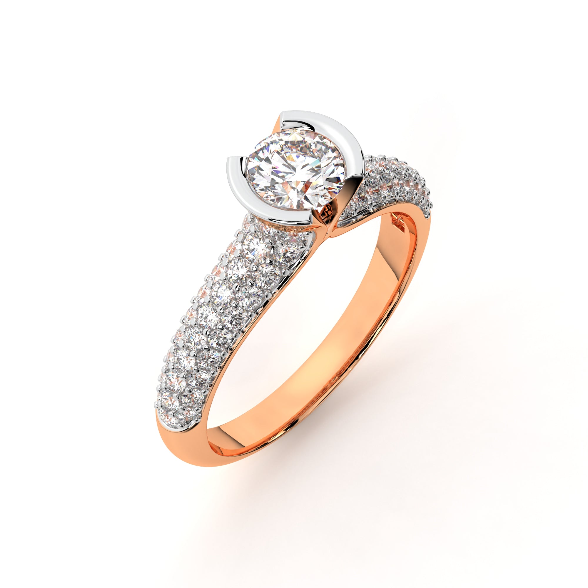 A gold-colored solitaire ring with a round-cut diamond in the center, surrounded by smaller clear stones set in a band of gold.