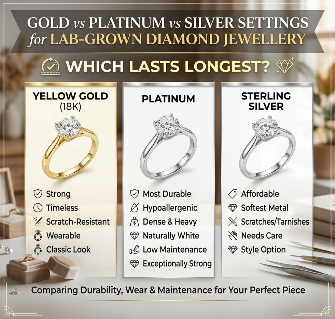 Gold vs Platinum vs Silver Settings for Lab-Grown Diamond Jewellery: Which Lasts Longest?