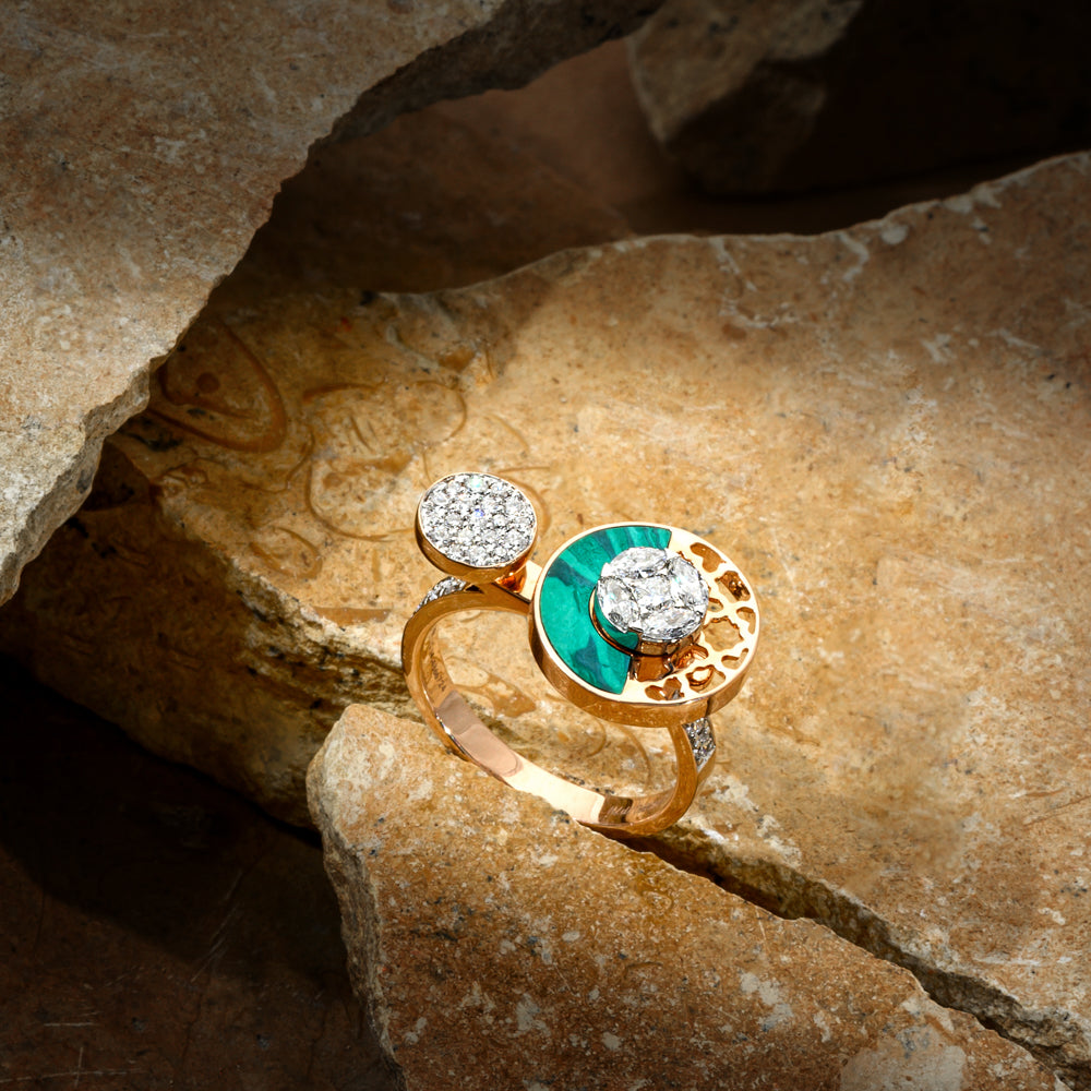 Double Circle Diamond & Malachite Ring (Rose Gold)