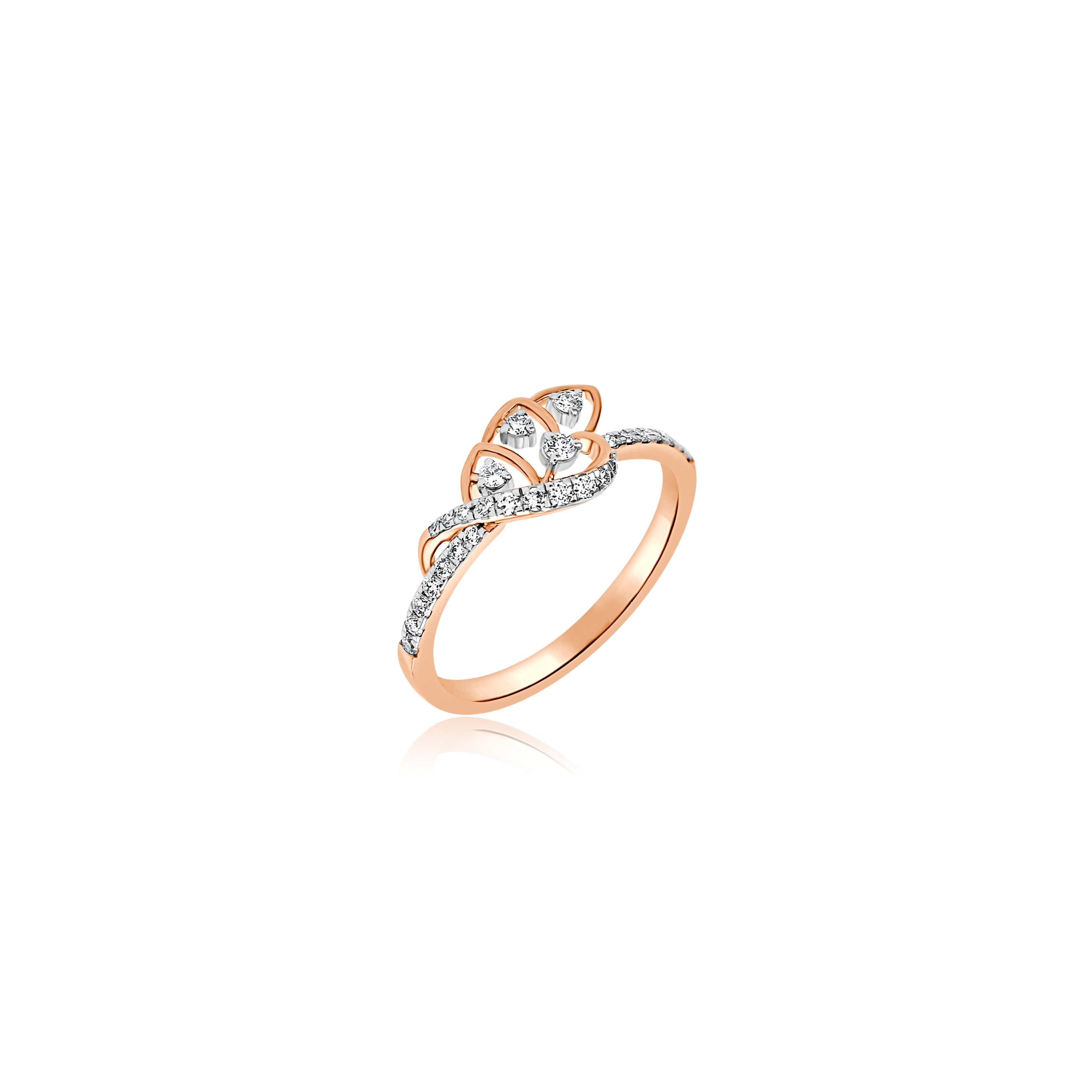 Rose gold ring with diamond accents on a white background