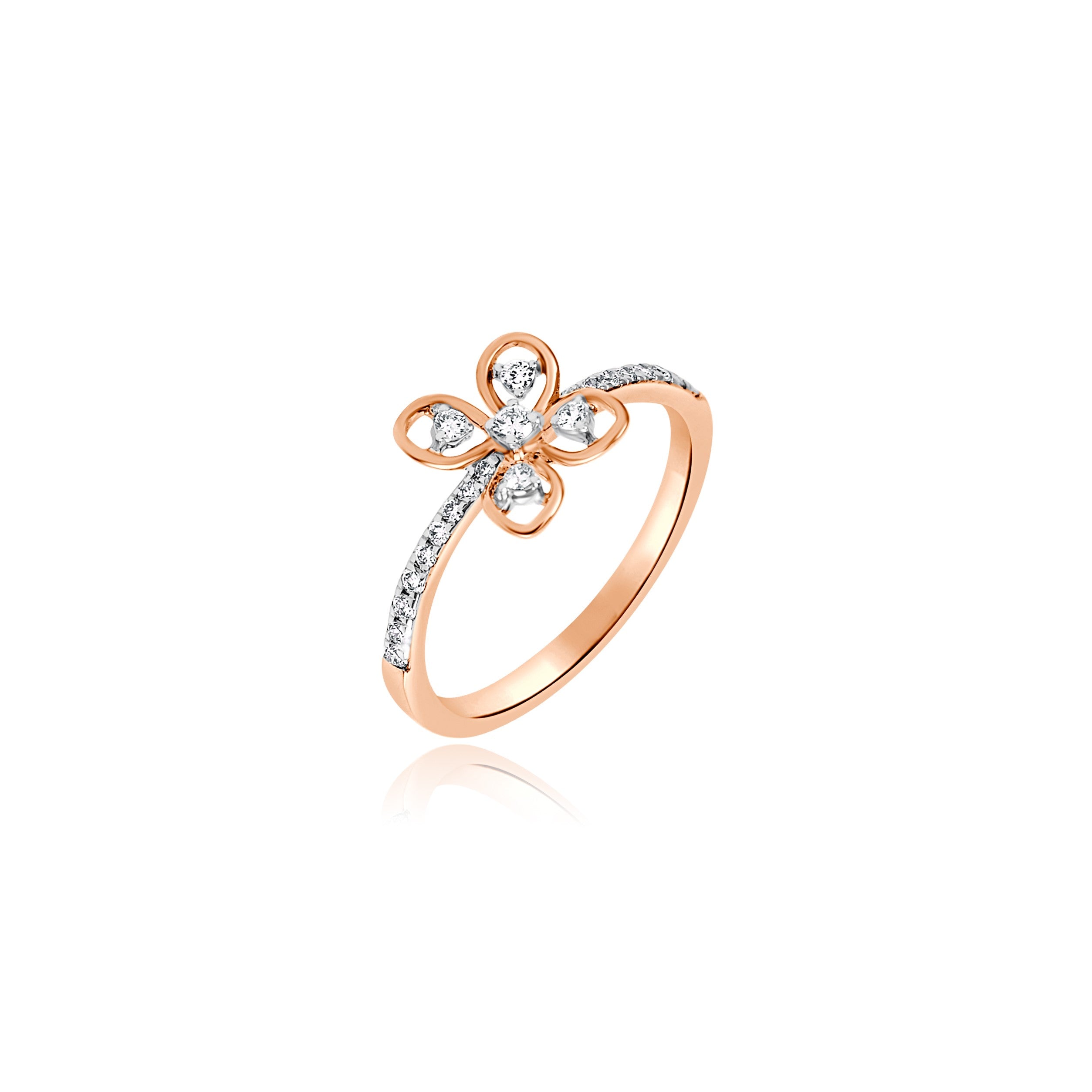 Rose gold ring with diamond accents on a white background