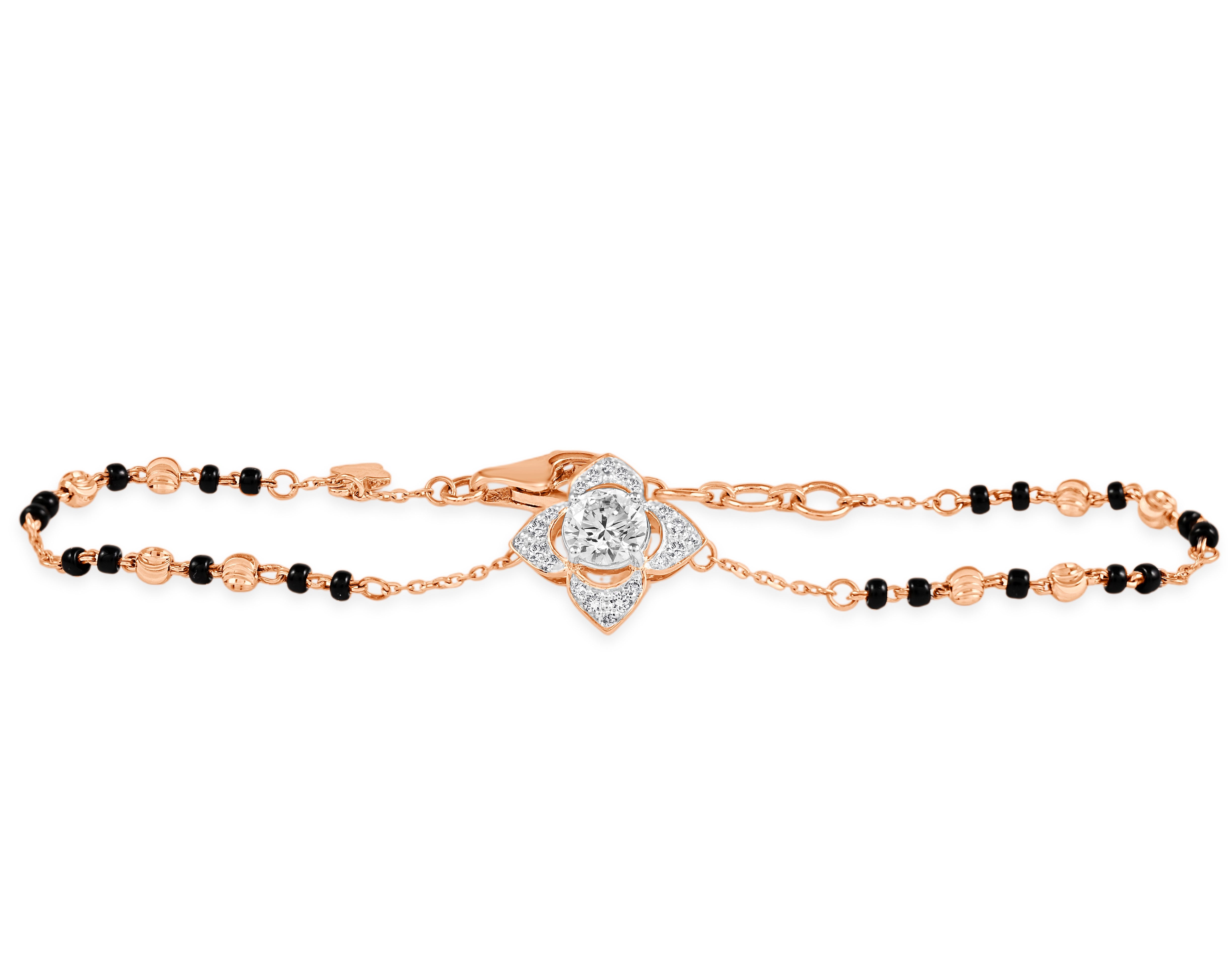 Rose gold bracelet with black beads and lab grown diamond flower clasp 