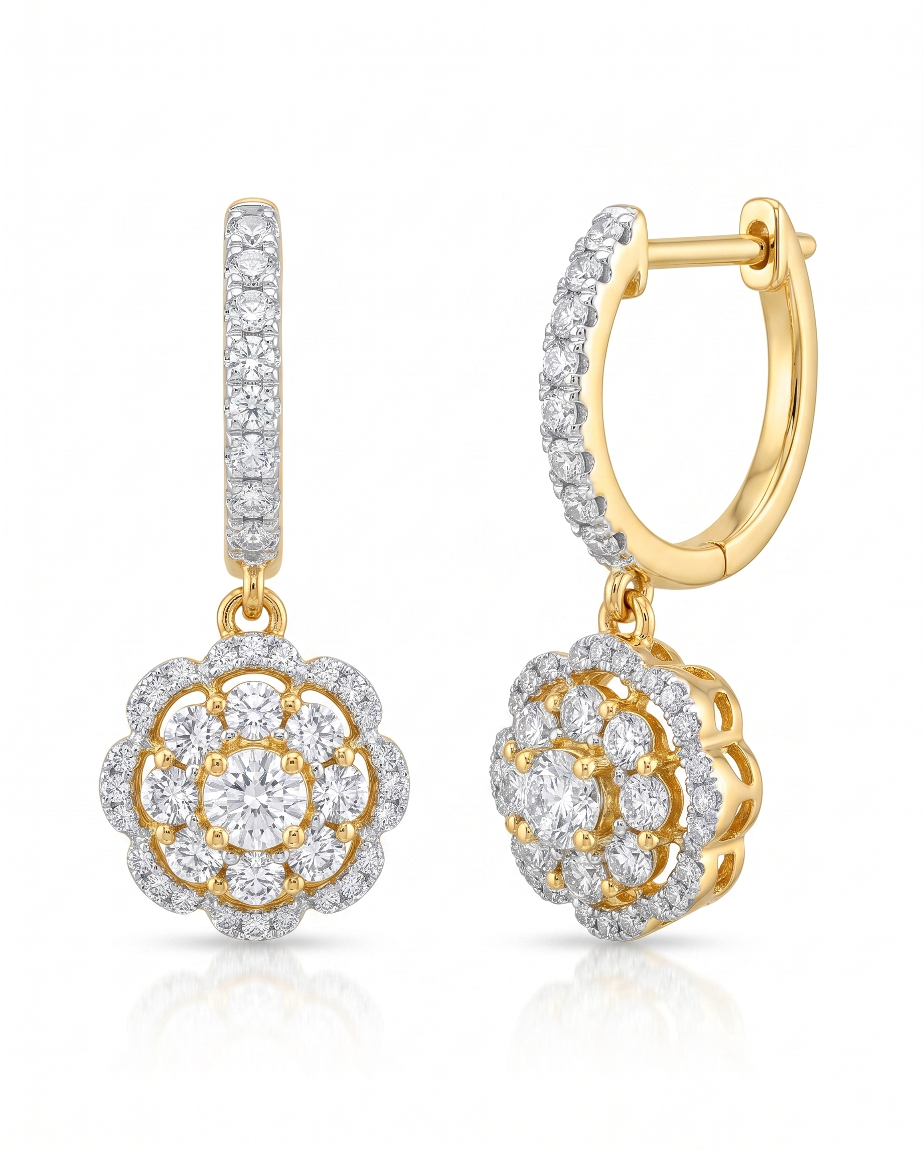 The6C Floral Cluster Halo Lab Grown Diamond Huggie Drop Earrings