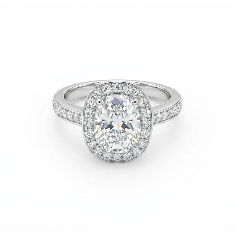 Cushion-Cut Lab-Grown Diamond Oval Halo Engagement Ring in 14K White Gold | The6C