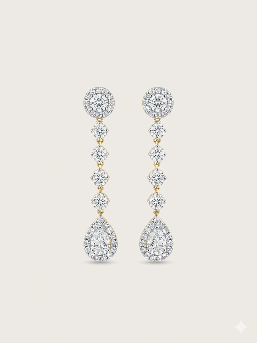 Pear-Cut Halo & Graduated Diamond Linear Drop Earrings