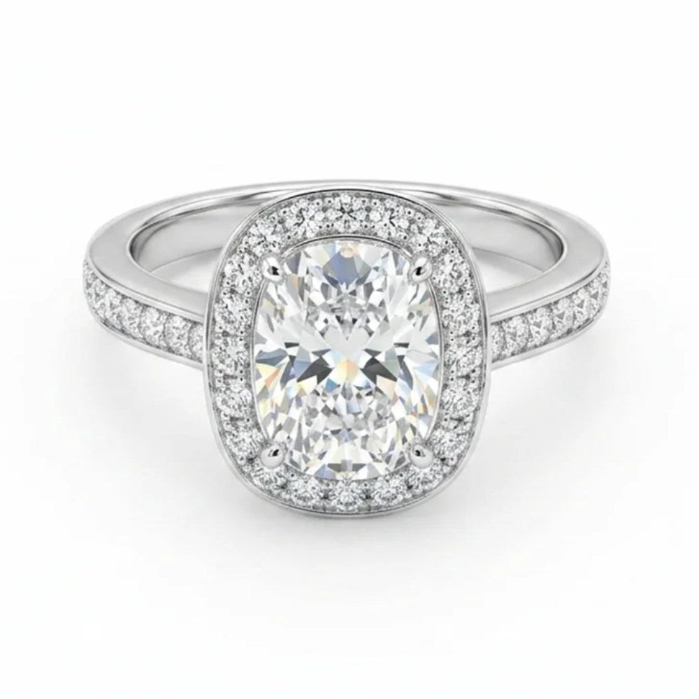 Cushion-Cut Lab-Grown Diamond Oval Halo Engagement Ring in 14K White Gold | The6C